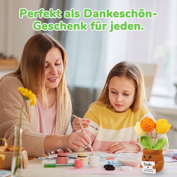 WenmthG Mutmacher Geschenk Gestrickte Tulpenpuppe Blumenpuppe für Kollege Freund Kleiner Glücksbringer Prüfung, Gute Besserung Geschenke, Ermutigung Geschenke Positive Kartoffel Deutsch Ersatz