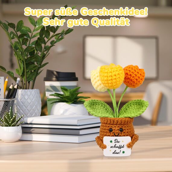 WenmthG Mutmacher Geschenk Gestrickte Tulpenpuppe Blumenpuppe für Kollege Freund Kleiner Glücksbringer Prüfung, Gute Besserung Geschenke, Ermutigung Geschenke Positive Kartoffel Deutsch Ersatz