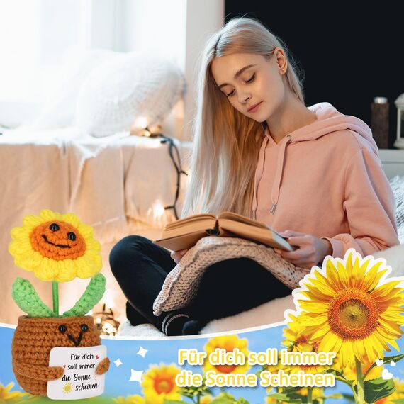 WenmthG Pocket Hug Positive Sonnenblume Glücksbringer MutmacherGeschenk Gute Besserung Geschenk Gehäkelte Sonnenblume zum Weihnachten Geburtstag Ruhestand Abschied Kollegen Freund Familie