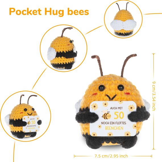 WenmthG Pocket Hug Positive Biene Glücksbringer zum 50 Geburtstag Geschenke für Beste Freund Kollegen Frauen Männer, Anti Stress Geschenke Glücksbringer Biene Positive Kartoffel Deutsch Ersatz - 1 St