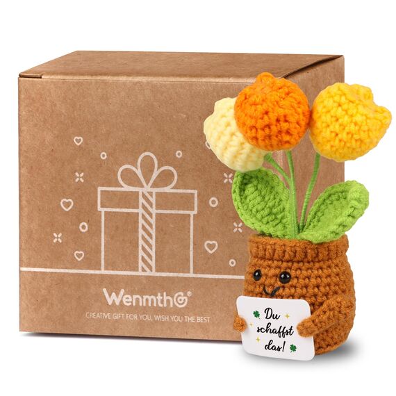 WenmthG Mutmacher Geschenk Gestrickte Tulpenpuppe Blumenpuppe für Kollege Freund Kleiner Glücksbringer Prüfung, Gute Besserung Geschenke, Ermutigung Geschenke Positive Kartoffel Deutsch Ersatz