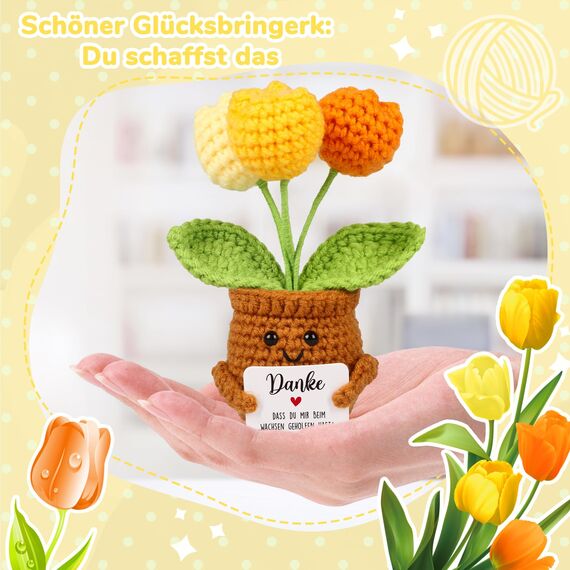 WenmthG Mutmacher Geschenk Gestrickte Tulpenpuppe Blumenpuppe für Kollege Freund Kleiner Glücksbringer Prüfung, Gute Besserung Geschenke, Ermutigung Geschenke Positive Kartoffel Deutsch Ersatz