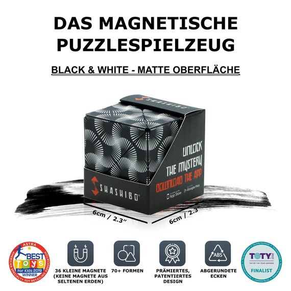 Shashibo Formwechsel-Box – Preisgekrönter, patentierter Zappelwürfel mit 36 Seltenerdmagneten – lässt Sich in über 100 Formen verwandeln (Black & White)