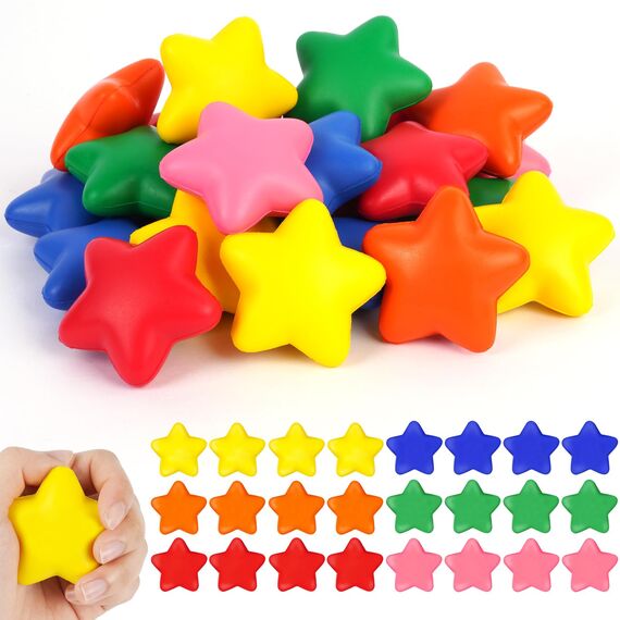 Ainiv 24 Stück Stern Antistressball, Stressbälle Schlüsselanhänger für Angst Abbauen Beruhigung Kinder Erwachsene Stern Schaum Antistressball für Schule Belohnung Student Party Tasche Füllstoffe