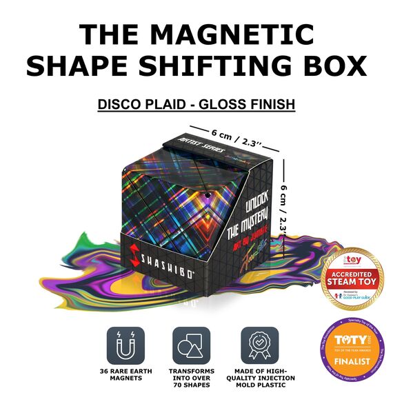 Shashibo Formwechsel-Box – Preisgekrönter, patentierter Zappelwürfel mit 36 Seltenerdmagneten – lässt Sich in über 100 Formen verwandeln (Artist Series - Disco Plaid)