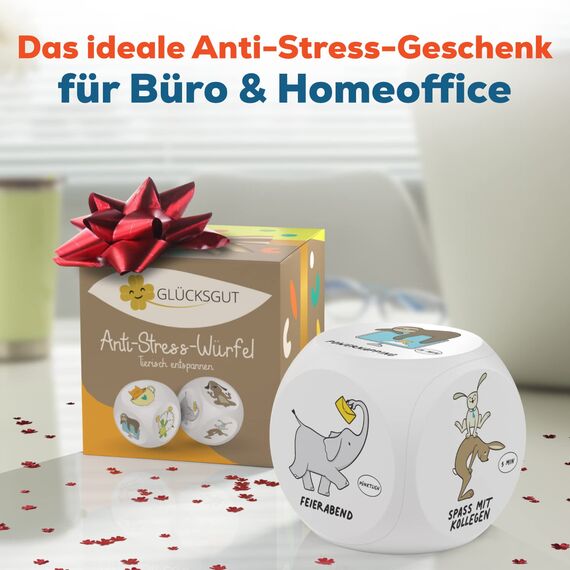 GLÜCKSGUT® Anti-Stress-Würfel | Tierische Pause | Lustiger Stresswürfel | 6 Motive, Geschenkbox & Anleitung | Spielzeug für Stressabbau, Kollegen & Büro Geschenk
