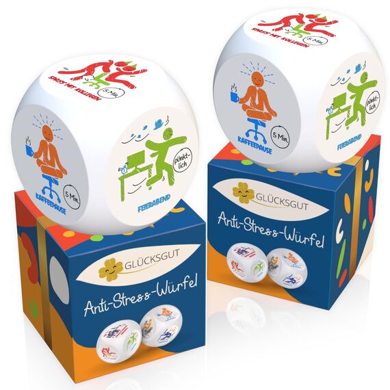 GLÜCKSGUT® Anti-Stress-Würfel | 2er Pack Piktogramme | Lustiger Stresswürfel | 6 Motive, Geschenkbox & Anleitung | Spielzeug für Stressabbau, Kollegen & Büro Geschenk