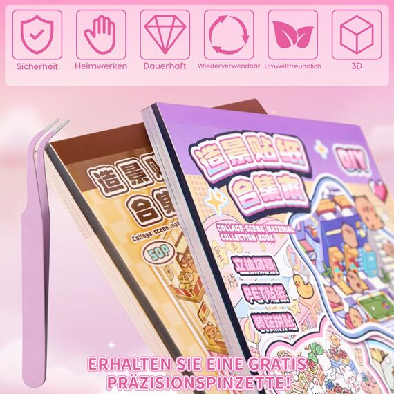 40 Stück 3D House Sticker Scene Set, Stickerbuch Wiederverwendbar, Sticker Therapy, DIY-Aufkleber für Basteln, with 58 PET Sticker, 40 Mminiatur Haus, 2 Pinzette, Relief Stress für Erwachsene Kinder
