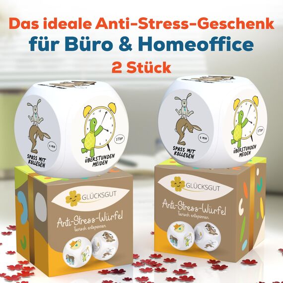 GLÜCKSGUT® Anti-Stress-Würfel | 2er Pack Tierische Pause | Lustiger Stresswürfel | 6 Motive, Geschenkbox & Anleitung | Spielzeug für Stressabbau, Kollegen & Büro Geschenk