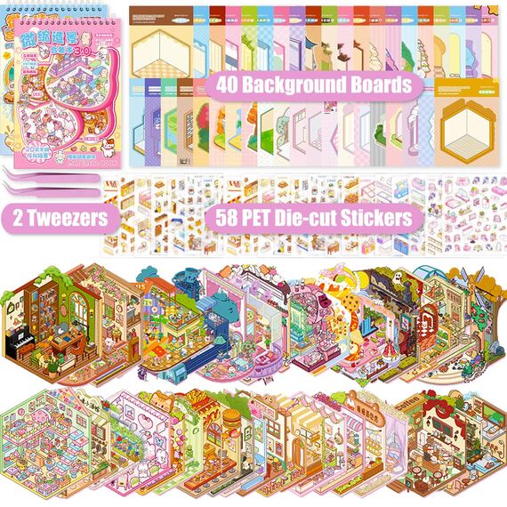 40 Stück 3D House Sticker Scene Set, Stickerbuch Wiederverwendbar, Sticker Therapy, DIY-Aufkleber für Basteln, with 58 PET Sticker, 40 Mminiatur Haus, 2 Pinzette, Relief Stress für Erwachsene Kinder