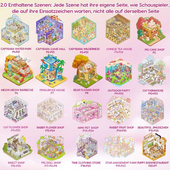 20 Stück 3D House Stickers Scene Set, Stickerbuch Wiederverwendbar, Sticker Therapy, DIY-Aufkleber für Basteln, with 26 PET Sticker, 20 Mminiatur Haus, 1 Pinzette, Relief Stress für Erwachsene Kinder