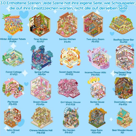 40 Stück 3D House Sticker Scene Set, Stickerbuch Wiederverwendbar, Sticker Therapy, DIY-Aufkleber für Basteln, with 58 PET Sticker, 40 Mminiatur Haus, 2 Pinzette, Relief Stress für Erwachsene Kinder