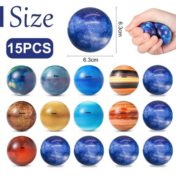 15 Stück Planeten Mini Softbälle,6.3CM Sonnensystem Antistressball,Mini Schaumstoffbälle,Mini Schaum Stressabbau Bälle,Stressabbau Spielzeug,Anti Stress Spielzeug Bälle,Squeeze Bälle für Kinder