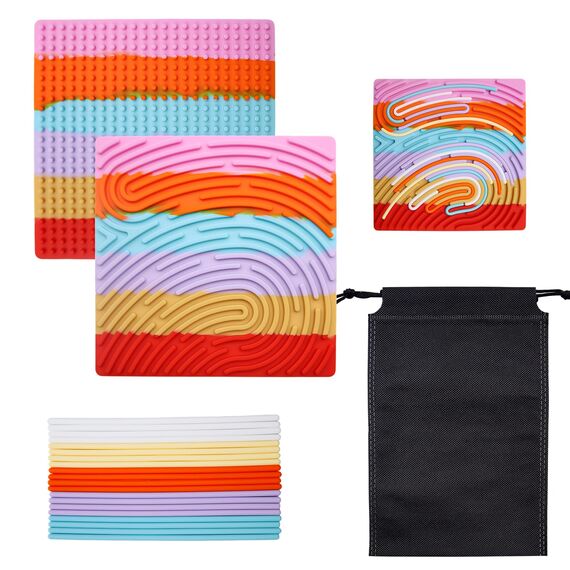 BEELUKY Sensorik Activity Board Quadrat Spielzeug Activity Board Sensorisches Aktivitätstafel Sensorik Spielzeug mit Reisetasche 20 Silikonstreifen für Kinder Erwachsene Stressabbau(Regenbogenfarben)