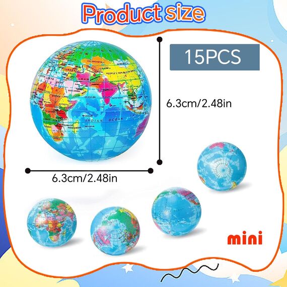 15 Stück Antistressball Weltkugel,6.3CM Stressball Globus Klein,Anti Stress Bälle,Mini Stressball,Anti Stress Spielzeug Bälle,Mini Globus Kinder für Kinder Erwachsene
