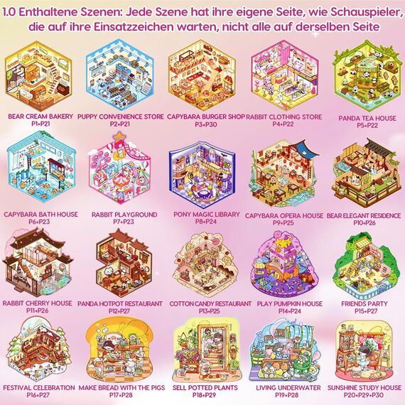 20 Stück 3D House Stickers Scene Set, Stickerbuch Wiederverwendbar, Sticker Therapy, DIY-Aufkleber für Basteln, with 30 PET Sticker, 20 Mminiatur Haus, 1 Pinzette, Relief Stress für Erwachsene Kinder