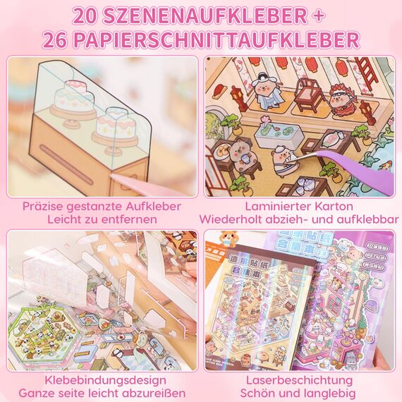 20 Stück 3D House Stickers Scene Set, Stickerbuch Wiederverwendbar, Sticker Therapy, DIY-Aufkleber für Basteln, with 26 PET Sticker, 20 Mminiatur Haus, 1 Pinzette, Relief Stress für Erwachsene Kinder