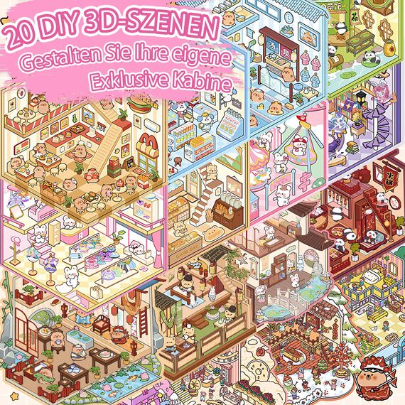 20 Stück 3D House Stickers Scene Set, Stickerbuch Wiederverwendbar, Sticker Therapy, DIY-Aufkleber für Basteln, with 30 PET Sticker, 20 Mminiatur Haus, 1 Pinzette, Relief Stress für Erwachsene Kinder