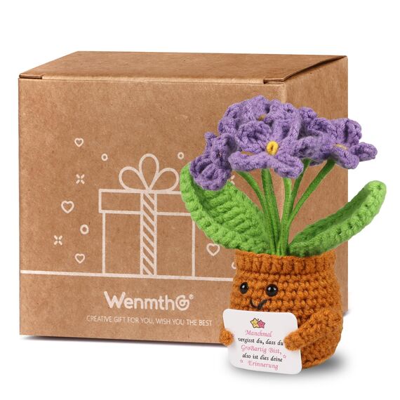 WenmthG Gestrickte Lila Vergissmeinnicht Deutsch Glücksbringer Anti Stress Kleines Geschenk für Schwester Freundin Frauen Kollegen Freunde, Positive Kartoffel Deutsch Ersatz