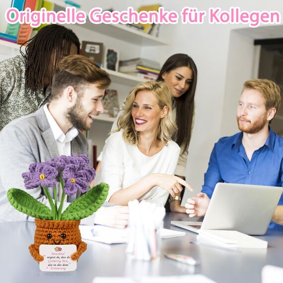 WenmthG Gestrickte Lila Vergissmeinnicht Deutsch Glücksbringer Anti Stress Kleines Geschenk für Schwester Freundin Frauen Kollegen Freunde, Positive Kartoffel Deutsch Ersatz