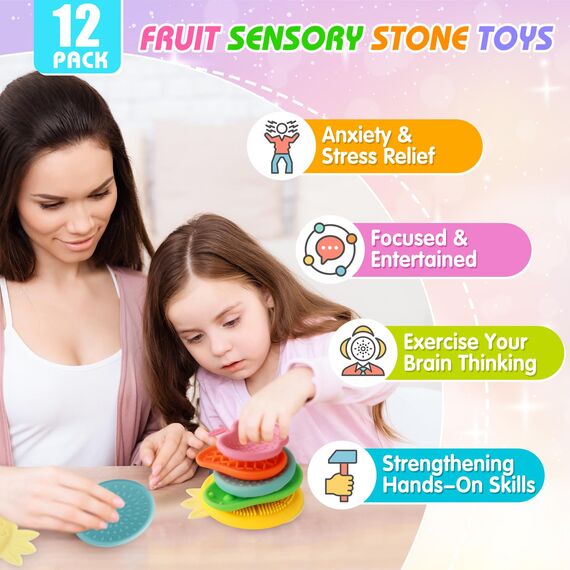 12 Stück Obst Fidget Toys Sensory Stones Sensorik Spielzeug Anti Stress Kinder Sensorisches Spielzeug, Sensory Worry Stone Toys Stressabbau, Fidget Toy Autism