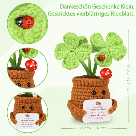 WenmthG Geschenke Für Frauen Gestrickte Vierblättriges Kleeblatt Deutsch Glücksbringer Anti Stress Kleines Geschenk für Schwester Freundin Kollegen Freunde Positive Kartoffel Deutsch Ersatz