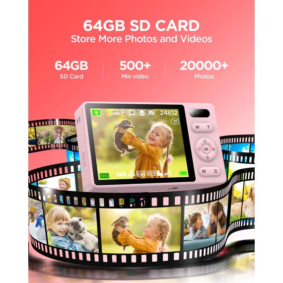 48MP Digitalkamera Kinder Fotokamera: 64GB Anti-Shake Kinderkamera Foto Vlogging Fotoapparat für YouTube 16X Digital Zoom Appareil Foto Serienaufnahme Selfie Kompaktkamera für Fotografie