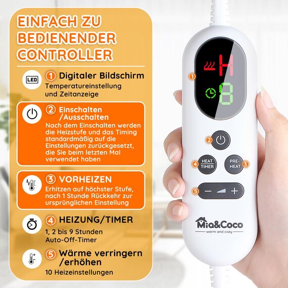 Heizdecke mit Abschaltautomatik, 130x180cm 10 Heizstufen 1~9 Stunden Auto-Off-Timer Überhitzungsschutz, Elektrische Wärmedecke Bett Wärme Decke ETL für Home & Office Schnelle Flanell Waschbar Khaki