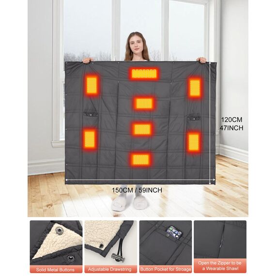 FERNIDA Kabellos Beheizbare Decke mit Akku, Wärme Elektrische Akku Heizdecke, Klein Winter Wearable Heated throw Blanket Extra Warm, 3 Temperaturstufen, Schwarz