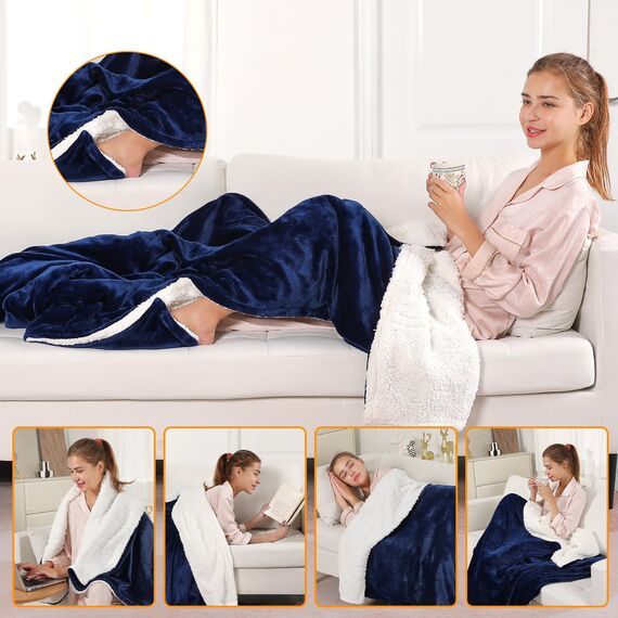OneAmg Heizdecke mit Abschaltautomatik, 155 x 180cm Mit Fußtasche 10-Stunden-Timer und 6 Heizstufen, Wärmedecke Elektrisch- Mit Digitaler Fernbedienung, Maschinenwaschbar,Heated Blanket Blau