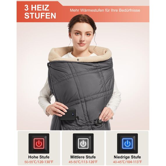 FERNIDA Kabellos Beheizbare Decke mit Akku, Wärme Elektrische Akku Heizdecke, Klein Winter Wearable Heated throw Blanket Extra Warm, 3 Temperaturstufen, Schwarz