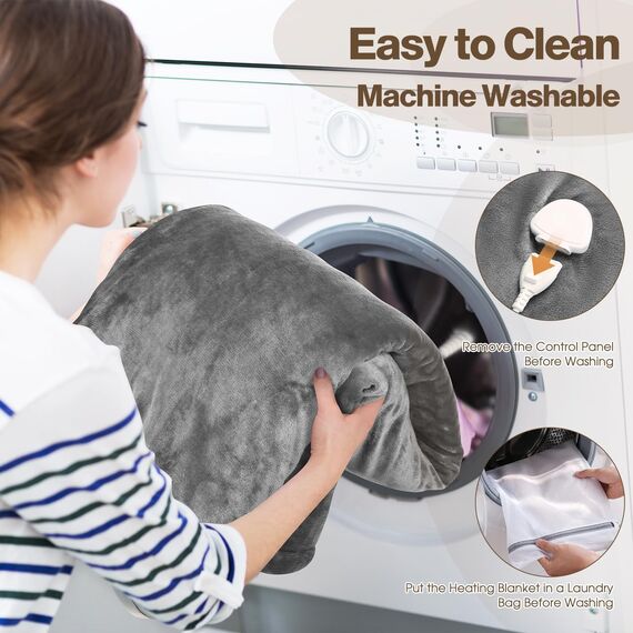 OneAmg Heizdecke mit Abschaltautomatik, 133 x 155cm 10-Stunden-Timer und 6 Heizstufen, Wärmedecke Elektrisch- Mit Digitaler Fernbedienung, Maschinenwaschbar,Heated Blanket Grau