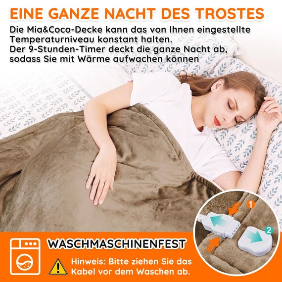 Heizdecke mit Abschaltautomatik, 130x180cm 10 Heizstufen 1~9 Stunden Auto-Off-Timer Überhitzungsschutz, Elektrische Wärmedecke Bett Wärme Decke ETL für Home & Office Schnelle Flanell Waschbar Khaki