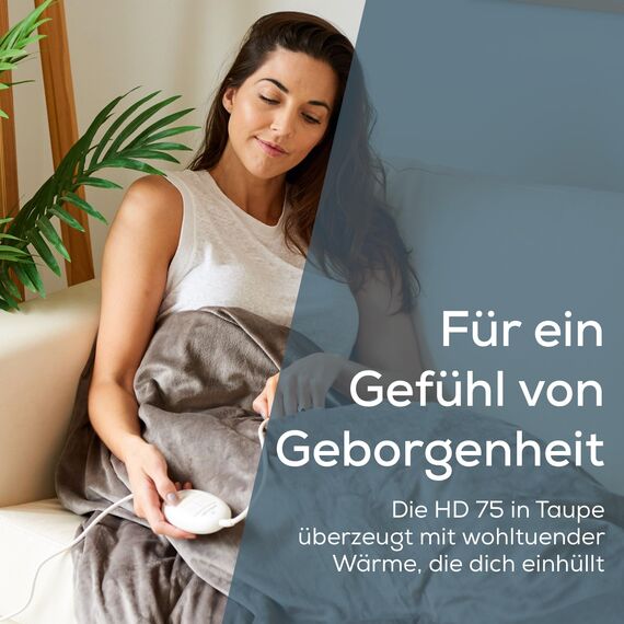 Beurer HD 75 Heizdecke, kuschelige Wärmedecke mit 6 Temperaturstufen, Sicherheitssystem und Abschaltautomatik, maschinenwaschbar, Taupe, 180 x 130 cm