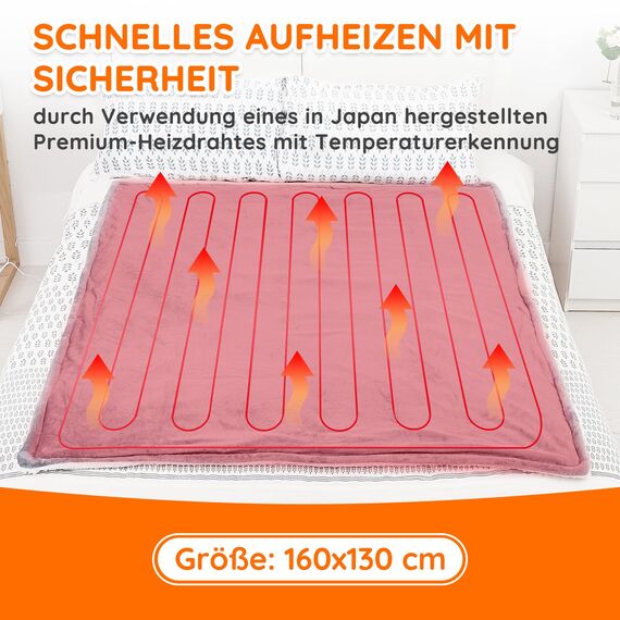 Mia&Coco Heizdecke mit Abschaltautomatik, 10 Heizstufen Up-to-9 Stunden Auto-Off-Timer Überhitzungsschutz, Elektrische Wärmedecke Bett Wärme Decke ETL-Zertifiziert für Home & Office Flanell Waschbar