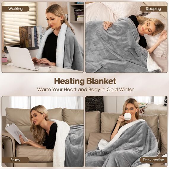 OneAmg Heizdecke mit Abschaltautomatik, 155 x 180cm 10-Stunden-Timer und 6 Heizstufen, Wärmedecke Elektrisch- Mit Digitaler Fernbedienung, Maschinenwaschbar,Heated Blanket Grau