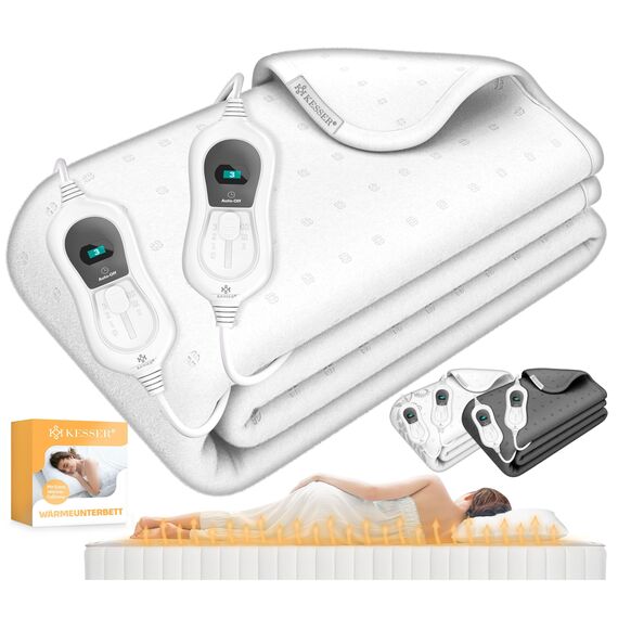 KESSER® Doppel-Wärmeunterbett 160x140cm mit Abschaltautomatik 2 Temperaturzonen Fernbedienung | Heizdecke mit 3 Temperaturstufen | Wärmebettunterlage fürs Bett | Wärmedecke aus weichem Vlies Weiß
