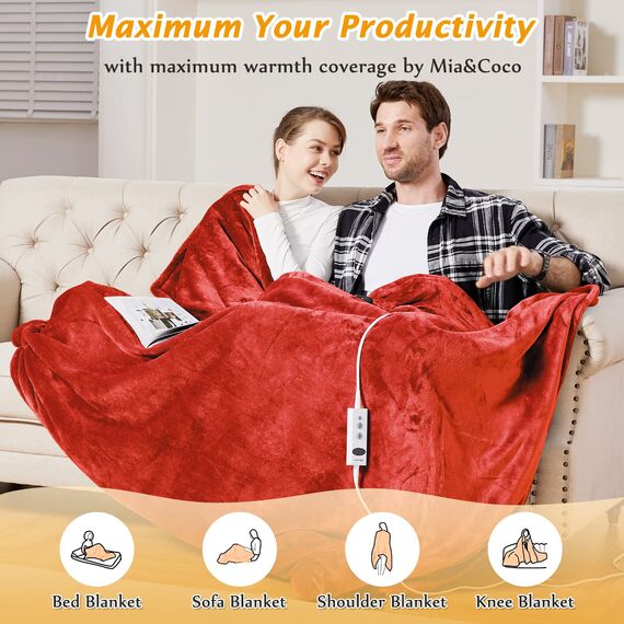 Mia&Coco Heizdecke mit Abschaltautomatik, 180x200cm, 10 Heizstufen Up-to-9 Stunden Auto-Off-Timer Überhitzungsschutz, Elektrische Wärmedecke Waschbar, Rot