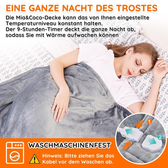 Heizdecke mit Abschaltautomatik, 130x180cm 10 Heizstufen 1~9 Stunden Auto-Off-Timer Überhitzungsschutz, Elektrische Wärmedecke Bett Wärme Decke ETL für Home & Office Schnelle Flanell Waschbar Grau