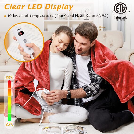 Mia&Coco Heizdecke mit Abschaltautomatik, 180x200cm, 10 Heizstufen Up-to-9 Stunden Auto-Off-Timer Überhitzungsschutz, Elektrische Wärmedecke Waschbar, Rot