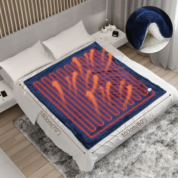 OneAmg Heizdecke mit Abschaltautomatik, 155 x 180cm 10-Stunden-Timer und 6 Heizstufen, Wärmedecke Elektrisch- Mit Digitaler Fernbedienung, Maschinenwaschbar,Heated Blanket Blue