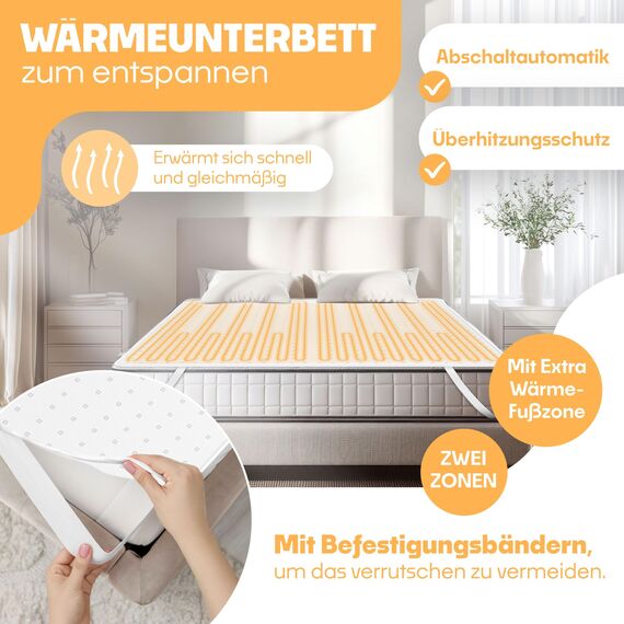 KESSER® Doppel-Wärmeunterbett 160x140cm mit Abschaltautomatik 2 Temperaturzonen Fernbedienung | Heizdecke mit 3 Temperaturstufen | Wärmebettunterlage fürs Bett | Wärmedecke aus weichem Vlies Weiß
