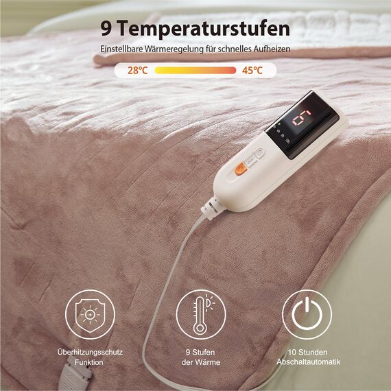GOTCOZY Heizdecke 130x160 cm-Weicher seidiger Plüsch Wärmedecke Heizdecke 9 Heizstufen und 10 Stunden Auto-Off-Timer Überhitzungsschutz Kuscheldecke für Bett&Büro Waschbar(Rosen Staub)