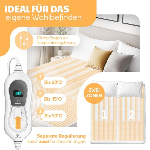 KESSER® Doppel-Wärmeunterbett 160x140cm mit Abschaltautomatik 2 Temperaturzonen Fernbedienung | Heizdecke mit 3 Temperaturstufen | Wärmebettunterlage fürs Bett | Wärmedecke aus weichem Vlies Weiß