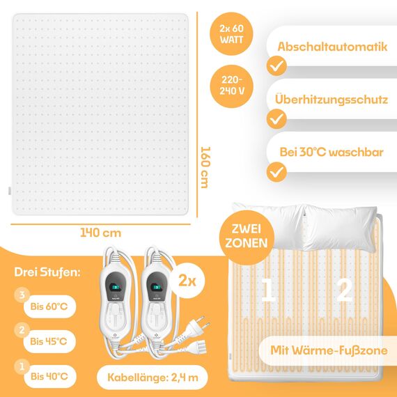 KESSER® Doppel-Wärmeunterbett 160x140cm mit Abschaltautomatik 2 Temperaturzonen Fernbedienung | Heizdecke mit 3 Temperaturstufen | Wärmebettunterlage fürs Bett | Wärmedecke aus weichem Vlies Weiß