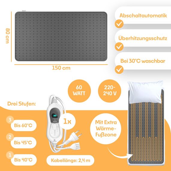 KESSER® Doppel-Wärmeunterbett 160x140cm mit Abschaltautomatik 2 Temperaturzonen Fernbedienung | Heizdecke mit 3 Temperaturstufen | Wärmebettunterlage fürs Bett | Wärmedecke aus weichem Vlies Anthrazit