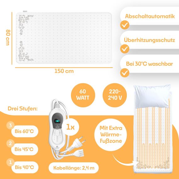 KESSER® Wärmeunterbett 150x80cm mit Abschaltautomatik Fernbedienung | Heizdecke mit 3 Temperaturstufen | Wärmebettunterlage fürs Bett Matratzenheizung | Wärmedecke aus weichem Vlies Heizkissen Weiß