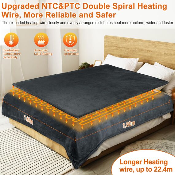 MYCARBON Heizdecke mit abschaltautomatik 180x160cm, Waschbar Wärmedecke Elektrisch mit 6 Heizstufen 9h Timer, Überhitzungsschutz & Mehrschichtiger Schutz für Home Bett Büro Sofa Dunkelgrau