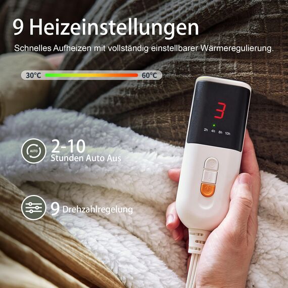 Texciting heizdecke 150X200 cm-Wärmedecke heizdecke mit 9 Heizstufen-10 Stunden Auto Off Überhitzungsschutz Maschinenwaschbar (Graugrün)
