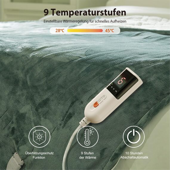 GOTCOZY Heizdecke 130x160 cm - Weicher seidiger Plüsch Wärmedecke Heizdecke 9 Heizstufen und 10 Stunden Auto-Off-Timer Überhitzungsschutz Kuscheldecke für Bett&Büro Waschbar(Grün)